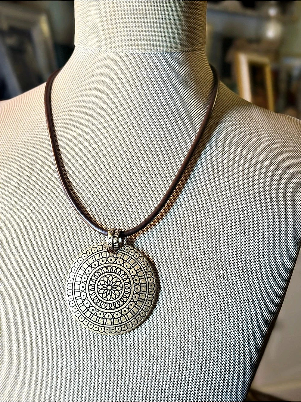 Boho Mandala Pendant Necklace Brown Cord Antique Gold Tone Tribal Statement Jewe
